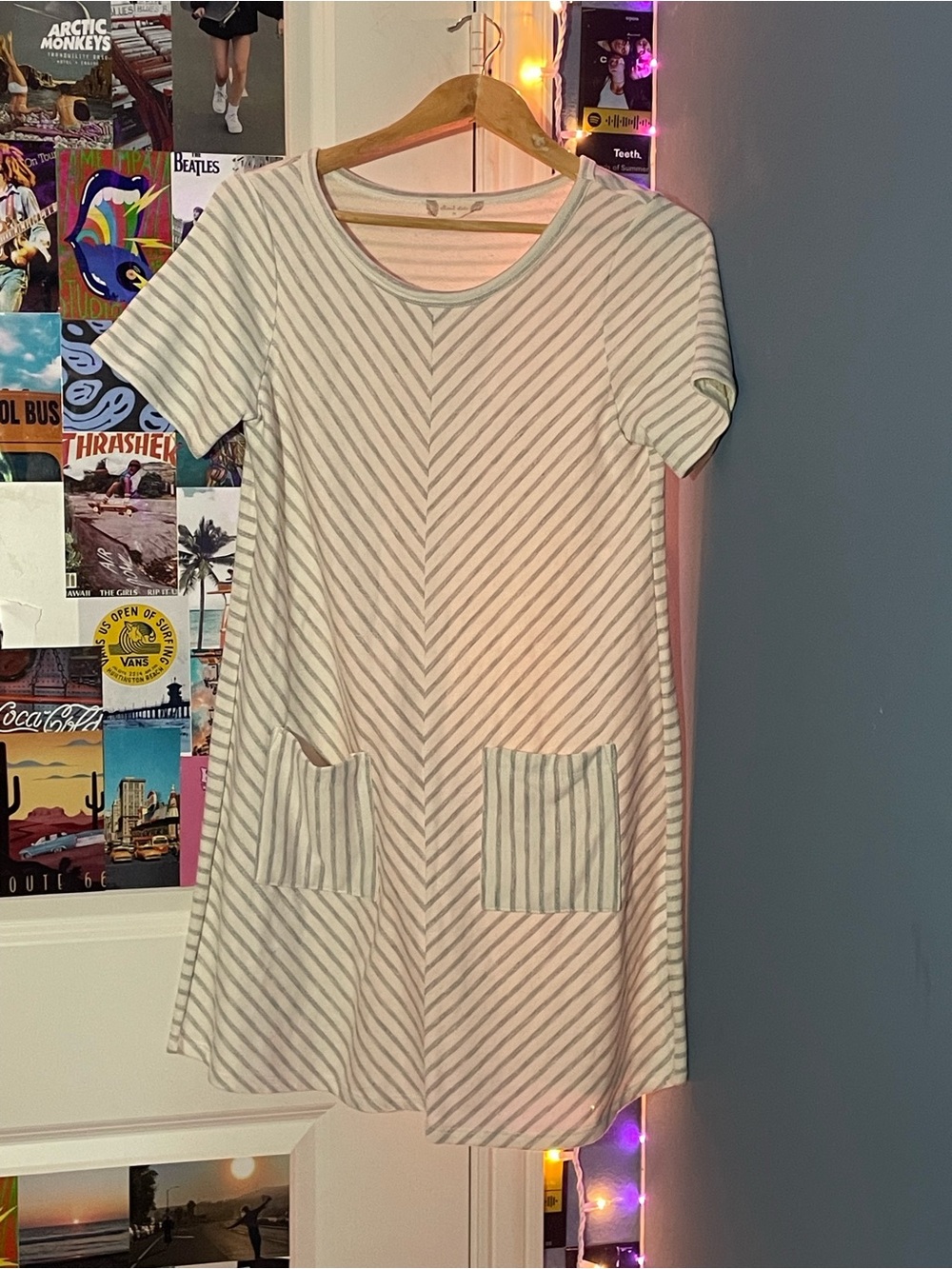 Striped Short Sleeve Cover up/Romper with Pockets - Cream & Gray